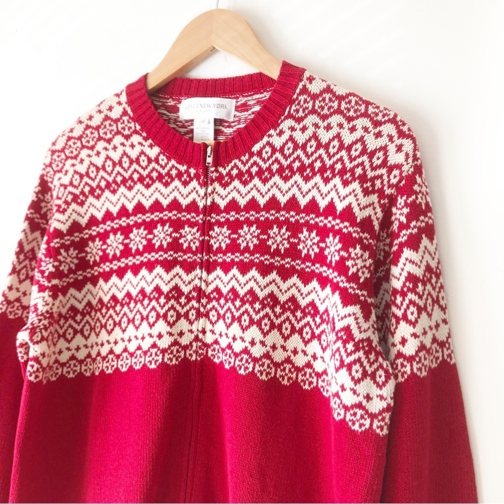 Jones New York Fair Isle Full Zip Knit Sweater Red Ivory Size Medium - Picture 8 of 14